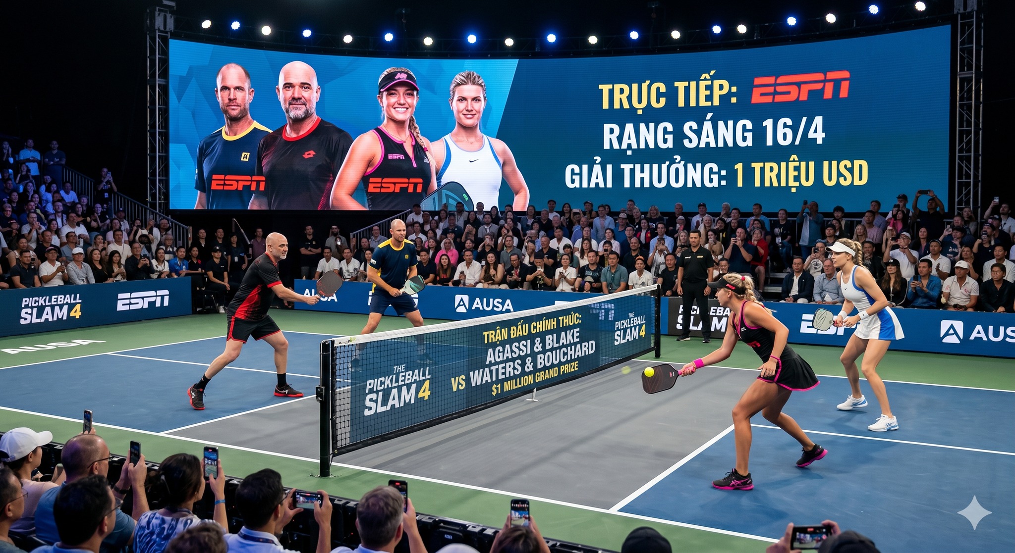 Pickleball Slam 4: Agassi đối đầu Anna Leigh Waters trong trận pickleball triệu đô rạng sáng 16/4